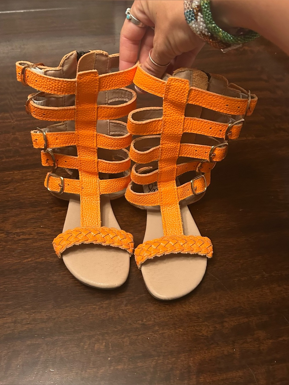 Junior girl monkey feet orange gladiator sandals size 4-5Y